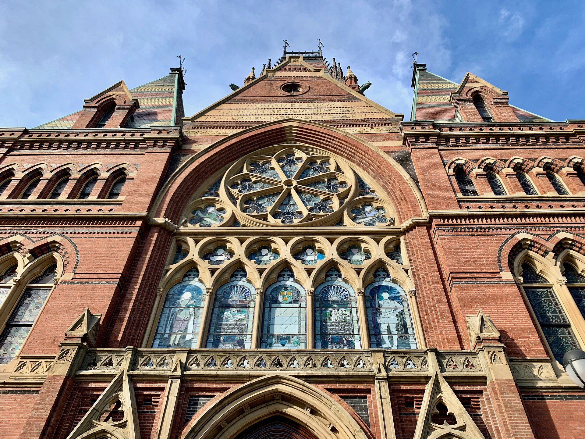 Looking up at the entrance to Memorial Hall