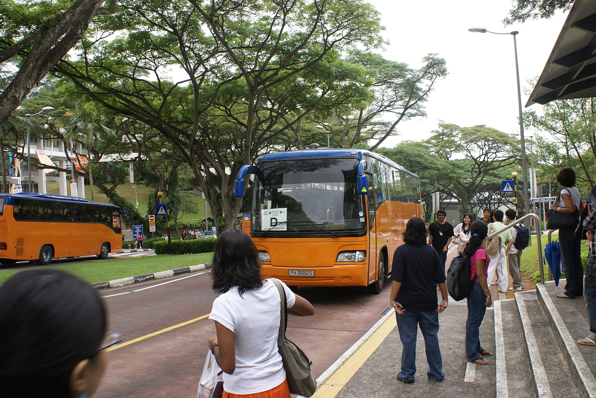 A campus shuttle bus arriving at the bus stop near the Forum along Kent Ridge Crescent, National University of Singapore.