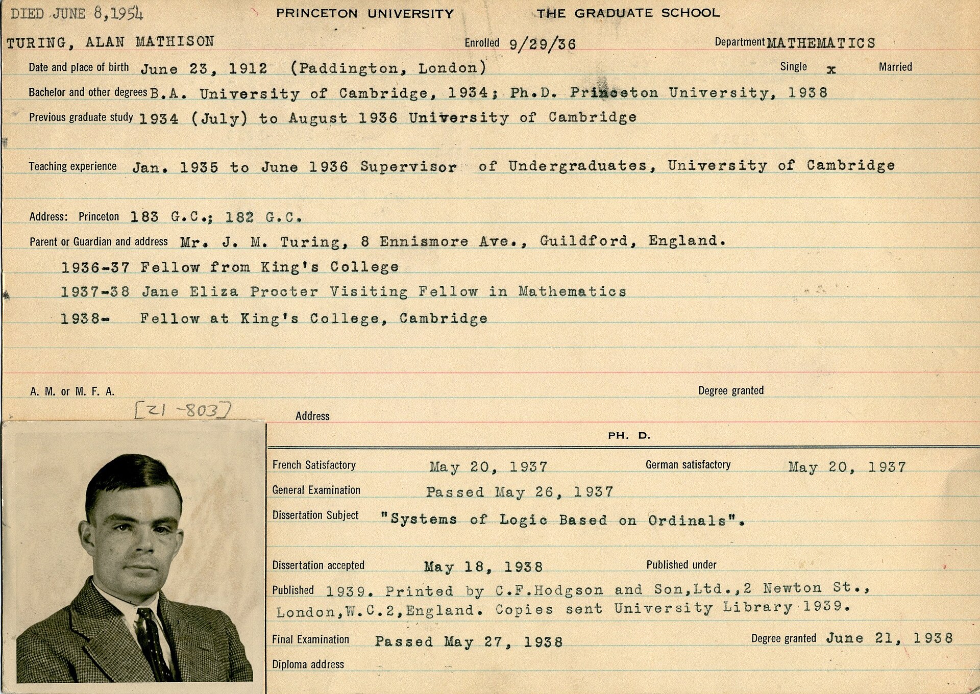 Alan Turing (1912-1954) at Princeton University in 1936