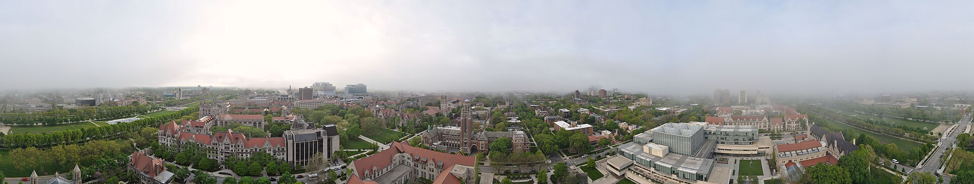 A panoramic photo of the larger campus of the University of Chicago. Photo taken from the top of w:Rockefeller Chapel.
