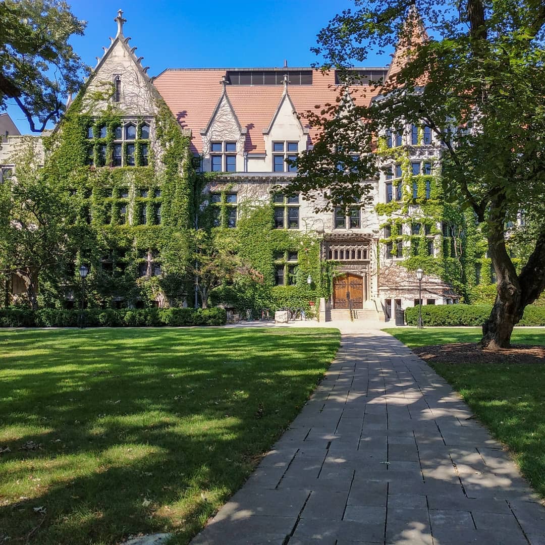 View of University of Chicago building from the Harper Quadrangle